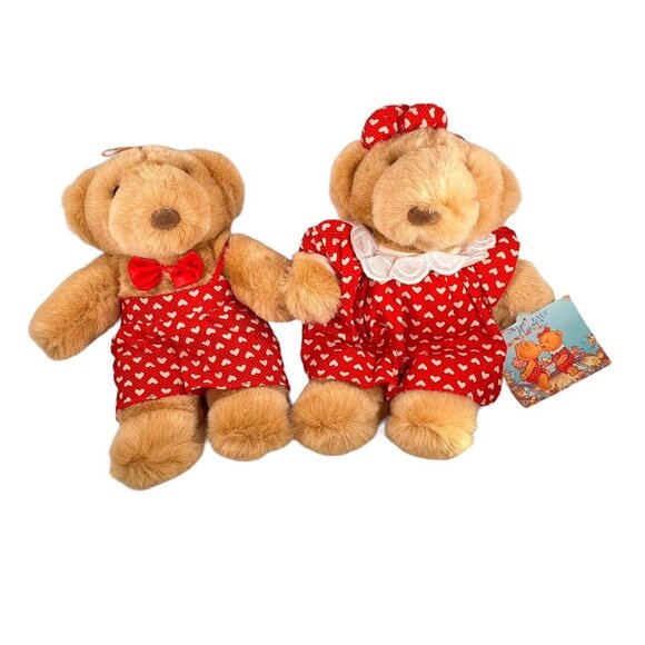 Commonwealth Teddy Bear Couple Red Hearts Plush Vtg 1990 Stuffed Animal Set of 2 - Picture 1 of 13
